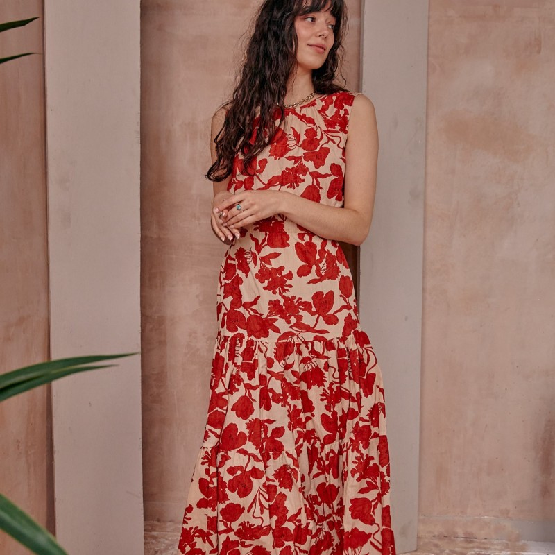 Thumbnail of Elise Red Floral Cutout Midi Dress image