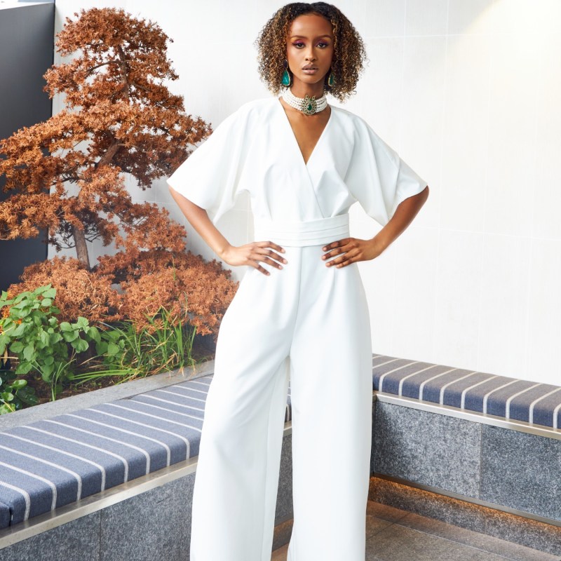 Thumbnail of Ella Envelope V-Neck Jumpsuit With Detachable Belt - White image