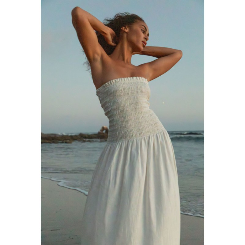 Thumbnail of Elle Strapless Smocked Linen Maxi Dress image