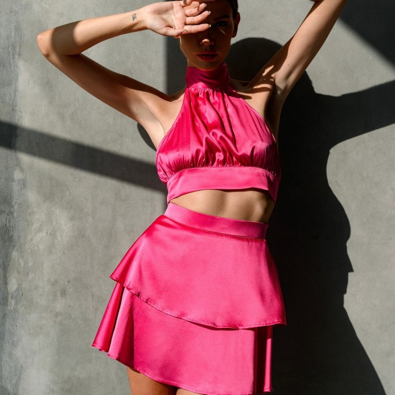 Pink crop top and mini skirt hot sale