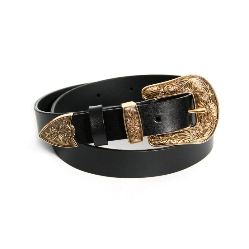 Thumbnail of Black Leather Belt With One Golden Ornament Buckle image