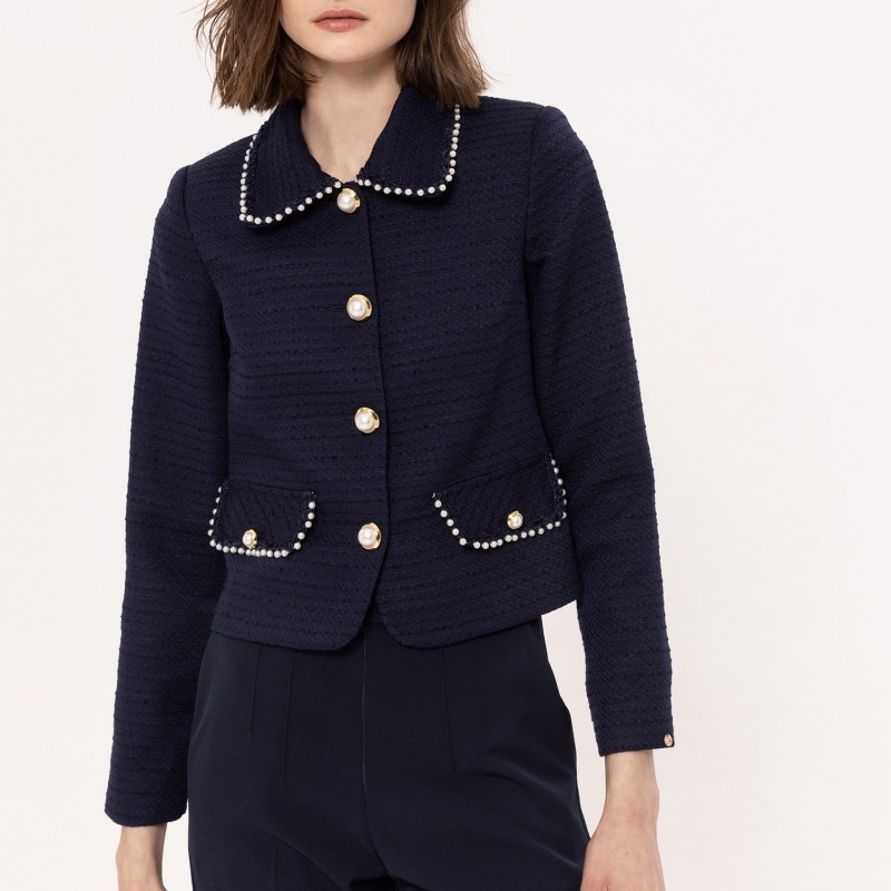 Embellished Boucle Jacket Navy Blue Nissa Wolf Badger