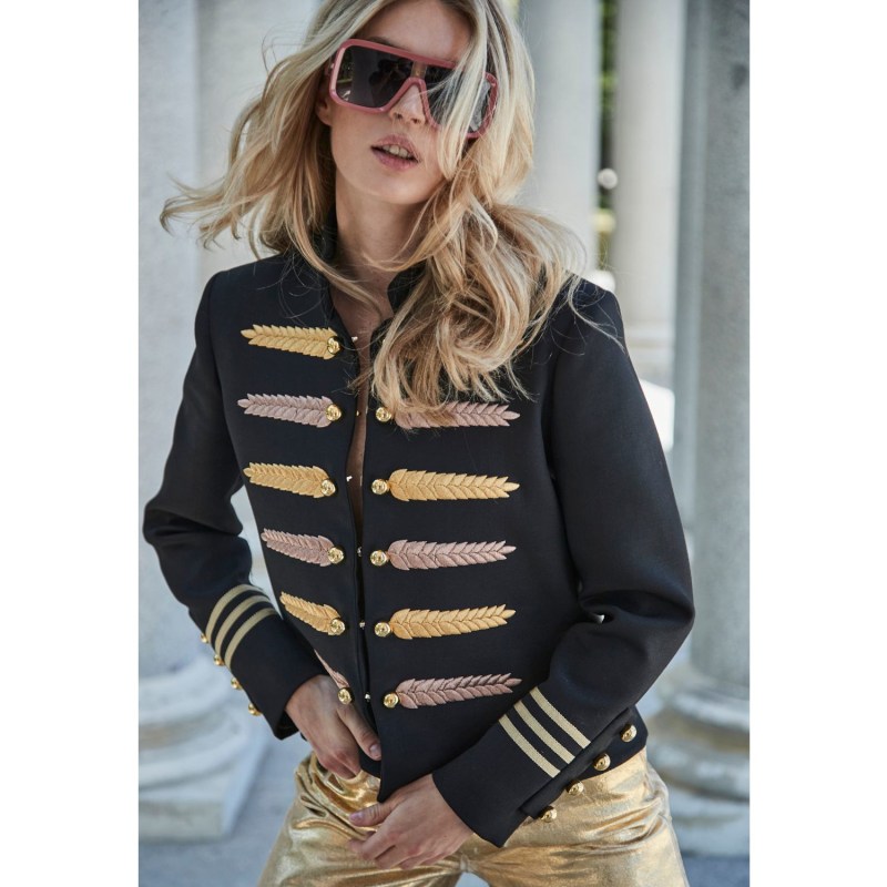 Black military jacket with gold shop buttons