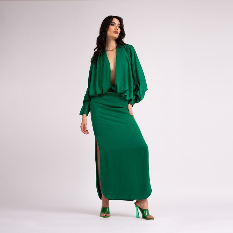 Thumbnail of Emerald Green Draped Dress With Flared Sleeves image