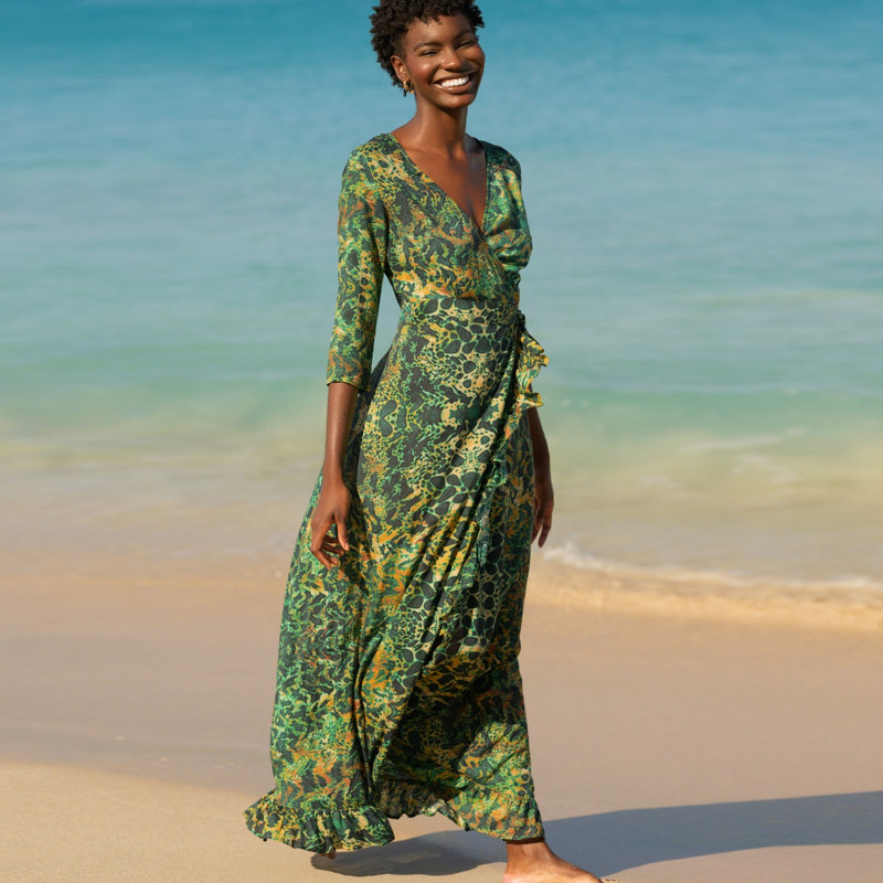 Thumbnail of Emerald Leopard Maxi Ruffle Wrap Dress image