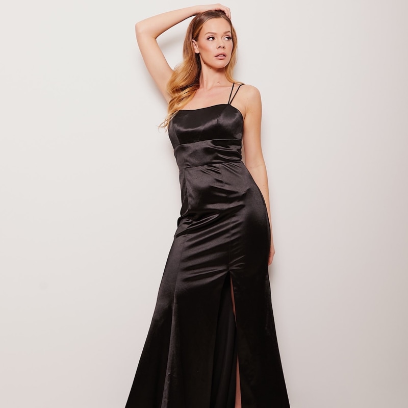 Thumbnail of Emily Black Satin Long Evening Gown image