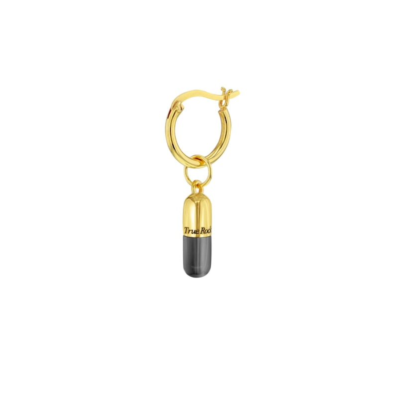 Thumbnail of Gun Metal Grey Sterling Silver & 18Kt Gold Plated Mini Pill Charm On Gold Hoop image