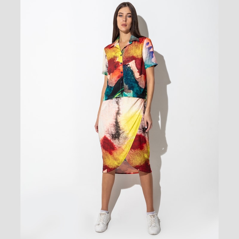Thumbnail of Abstract Print Wrap Ruched Side Midi Skirt image
