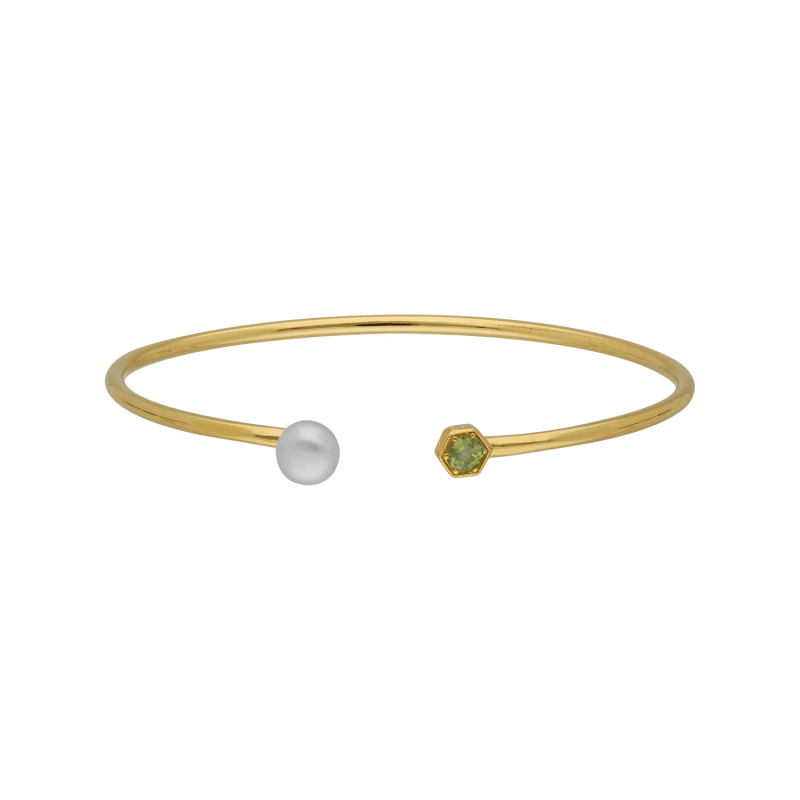 Thumbnail of Modern Pearl Peridot Open Bangle In Yellow Gold Plated Silver image