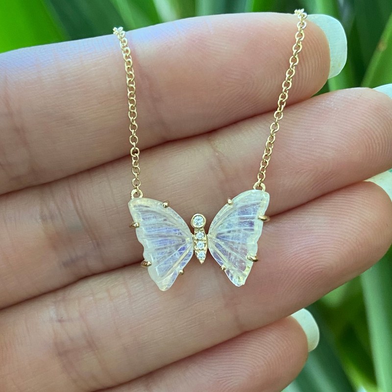 Thumbnail of Moonstone Butterfly Necklace With Diamonds & Prongs image