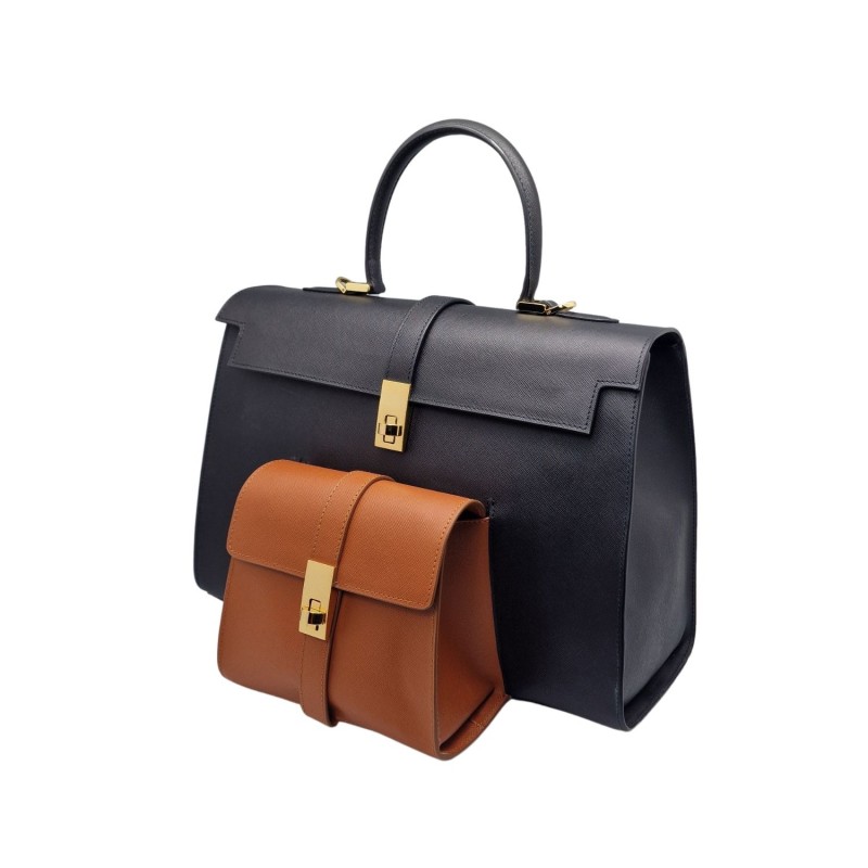 Thumbnail of Ethereal Double Dose Bag In Saffiano Calf Leather - Black & Brown image