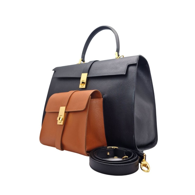 Thumbnail of Ethereal Double Dose Bag In Saffiano Calf Leather - Black & Brown image