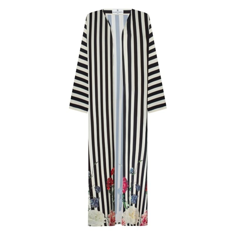 Thumbnail of Ethereal Striped Floral Kimono Dress - Black & White image