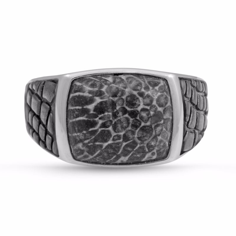 Thumbnail of Fossil Agate Stone Signet Ring In Black Rhodium Plated Sterling Silver image