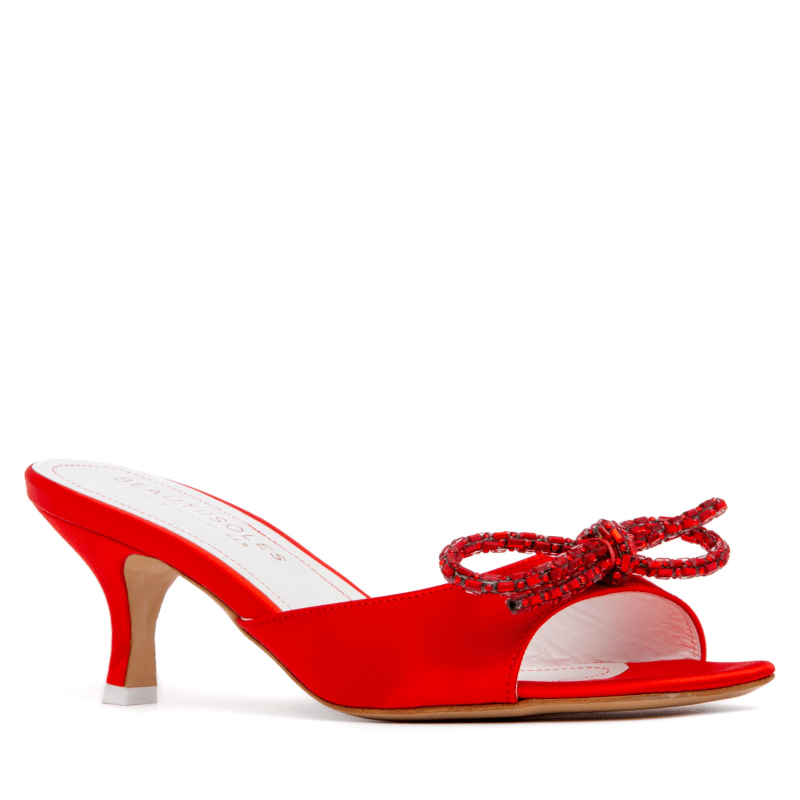 Eva Red Valentine Evening Kitten Heel Sandal Silk Satin by Beautiisoles by Robyn Shreiber Made In Italy