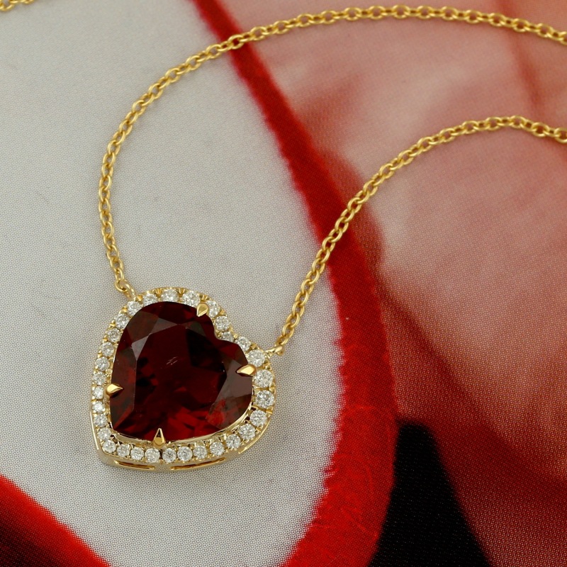 Natural Garnet 14k Yellow Gold Heart Shape Diamond Pendant Necklace Gemstone Jewelry Artisan Wolf Badger