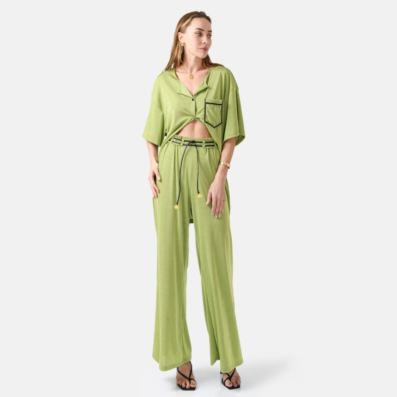 Eve Shimmering Paperbag Flared Pants Green Kargede Wolf Badger