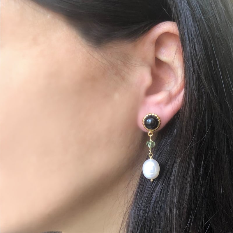 Thumbnail of Onyx, Green Amethyst & Pearl Drop Earrings image