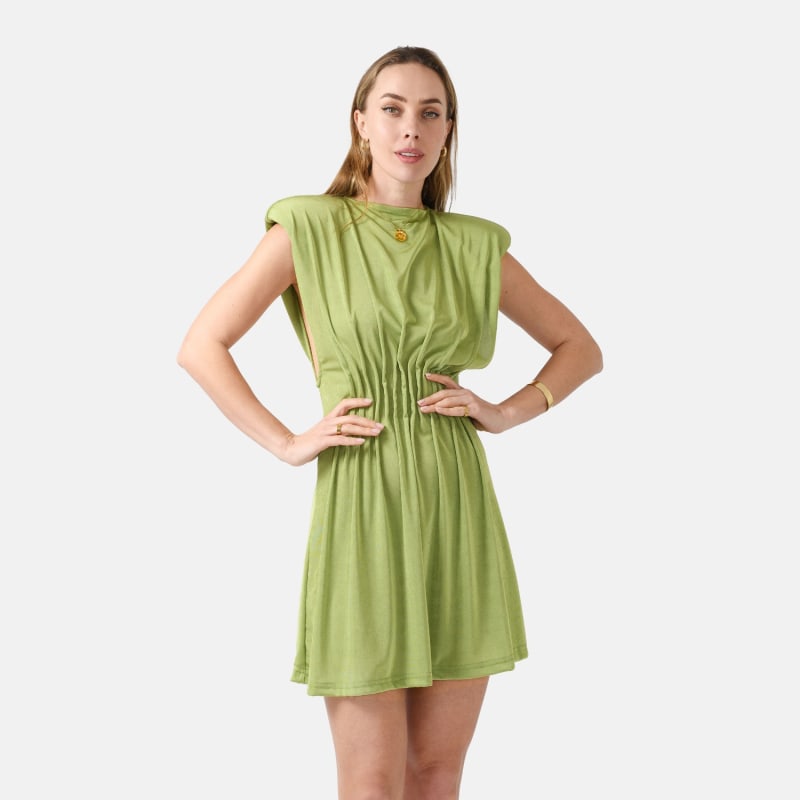 Evenfall – Designer Shoulder Pad Mini Dress Green | Kargede | Wolf & Badger