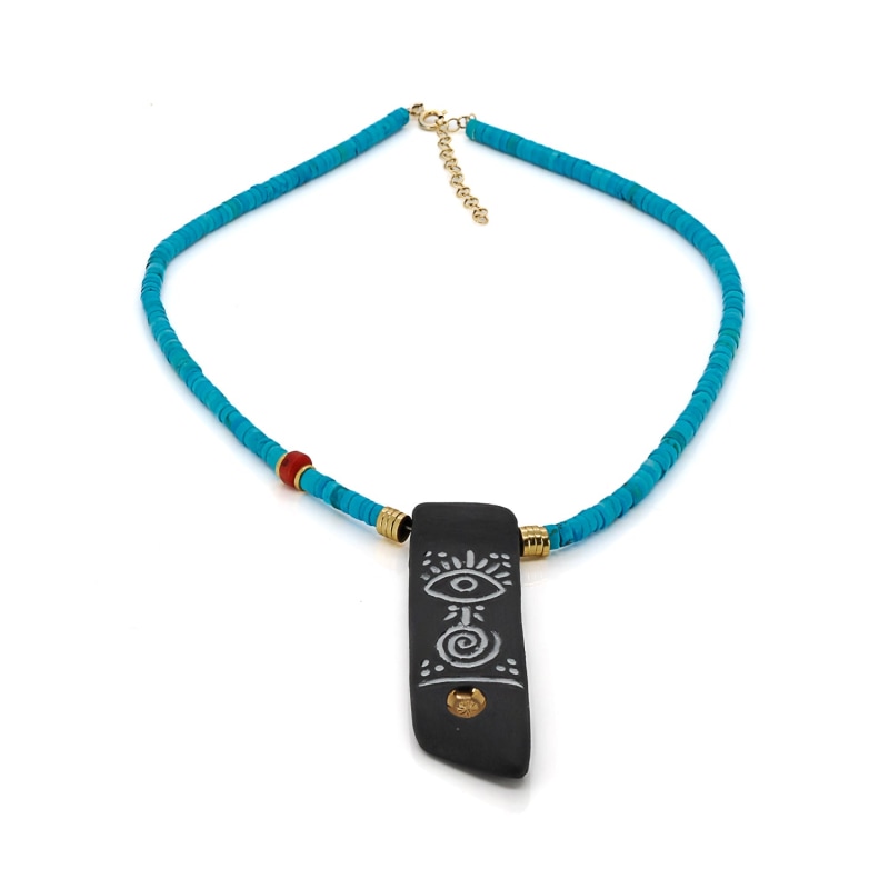 Thumbnail of Black & Protection Symbol Pendant Turquoise Beaded Necklace - Blue image