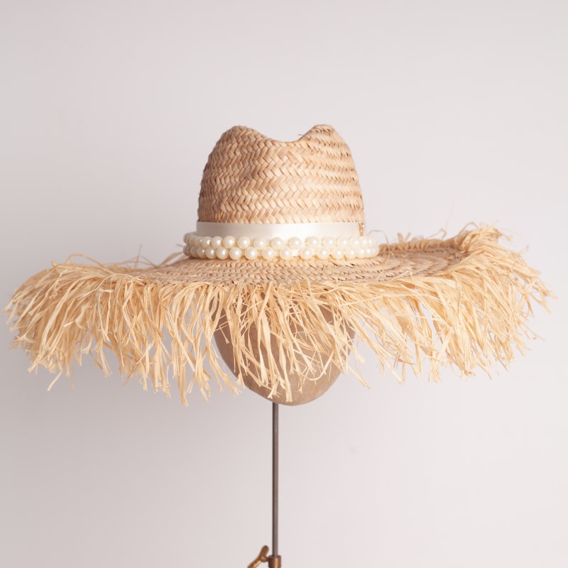 Thumbnail of Extra Large Natural Straw Hat With Distressed Edge And Extra Large Pearl Trim image