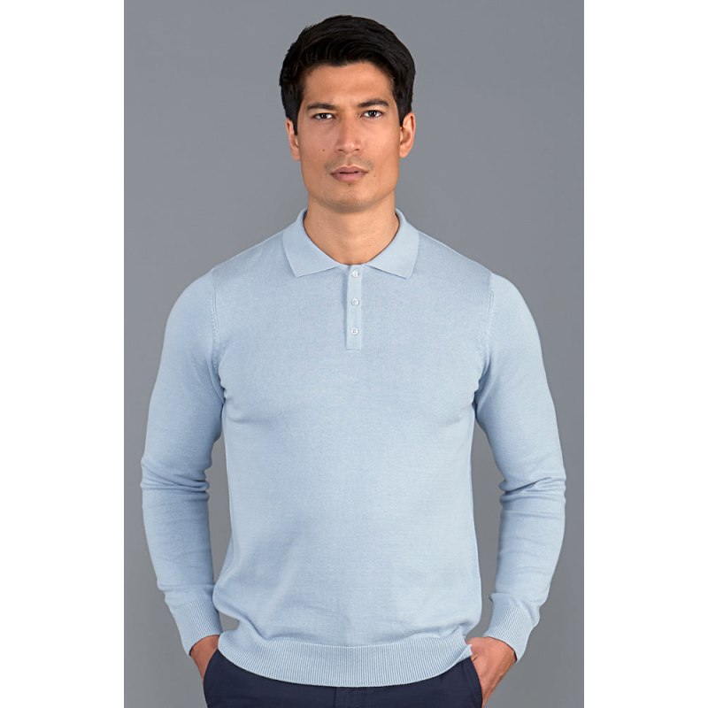 Mens Cotton Hall Long Sleeve Knitted Polo Shirt - Chalk Blue | Paul James  Knitwear | Wolf & Badger