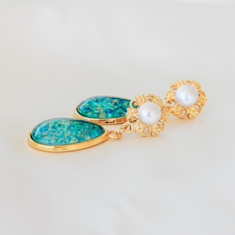 Thumbnail of Eloquence Statement Freshwater Pearl & Teardrop Opal Earrings - Blue, Gold, Green, White image