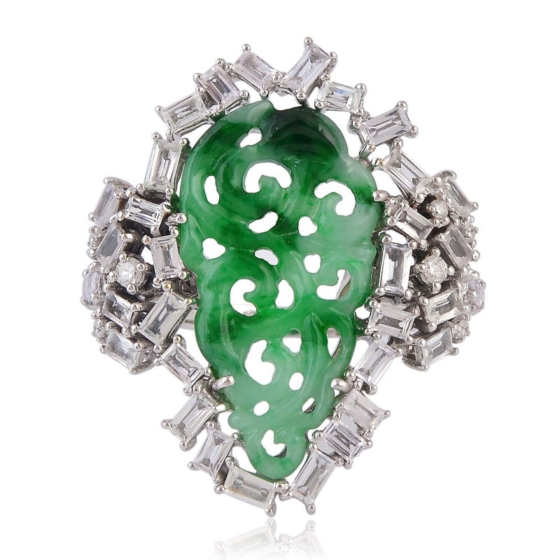 Thumbnail of 18K White Gold Carved Jade Ring With Diamonds image