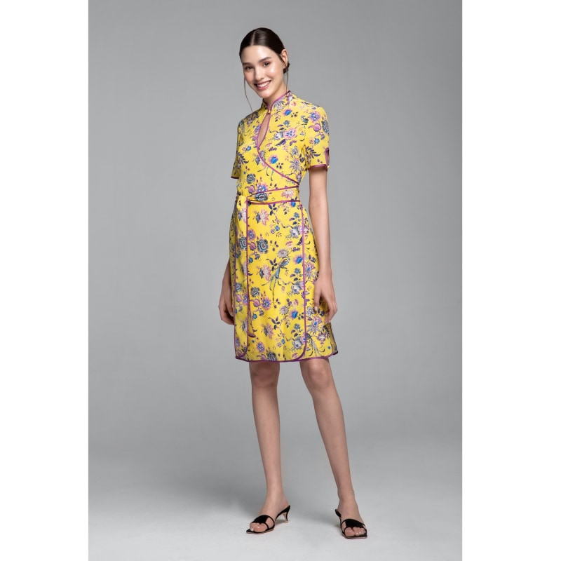 Thumbnail of Akiko Kimono-Style Silk Wrap Dress With Oriental Print In Yellow image