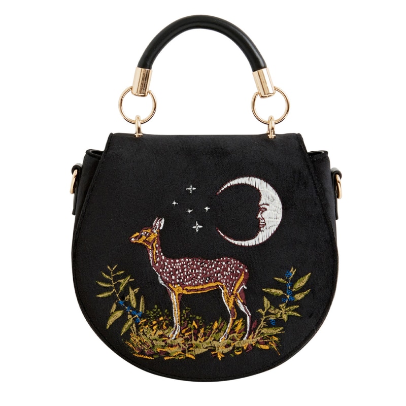 Deer & Moon Embroidered Saddle Bag Black Velvet