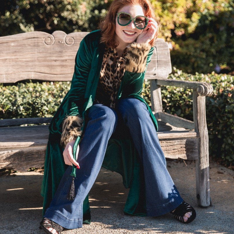 Emerald Velvet Duster With Faux Fur Leopard Cuffs