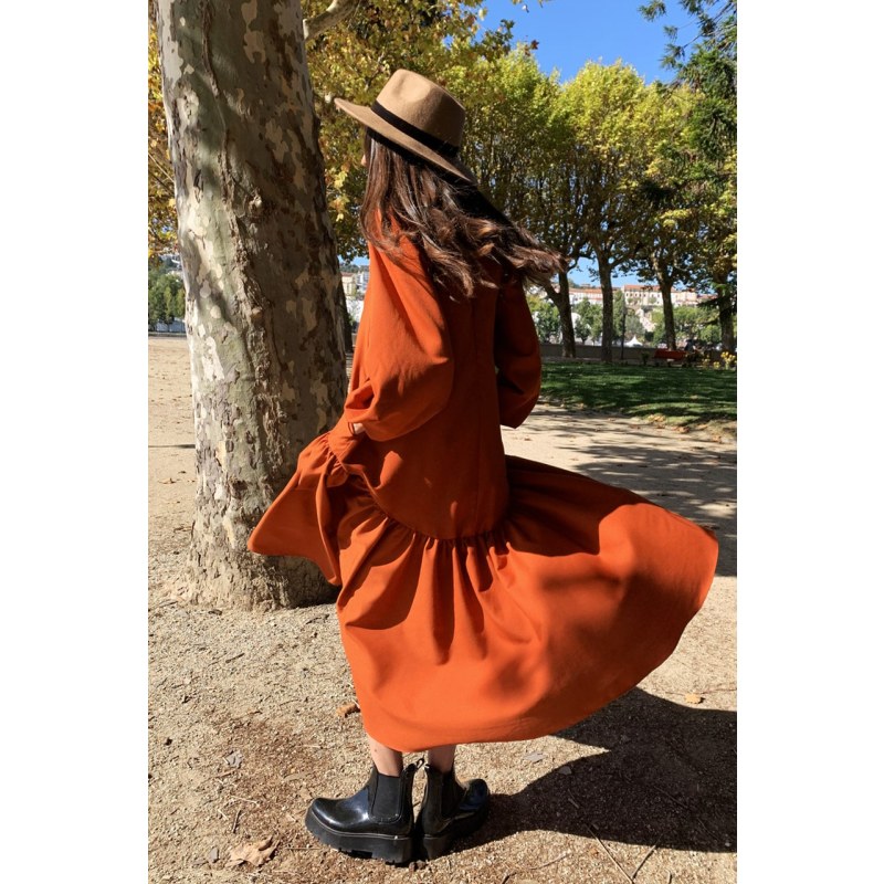 Thumbnail of Faia - Long Orange Dress With Asymmetrical Ruffle image