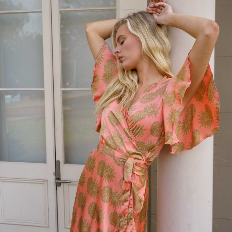 Thumbnail of Fanciful Short Sleeve Wrap Dress – Silk - Pineapples image