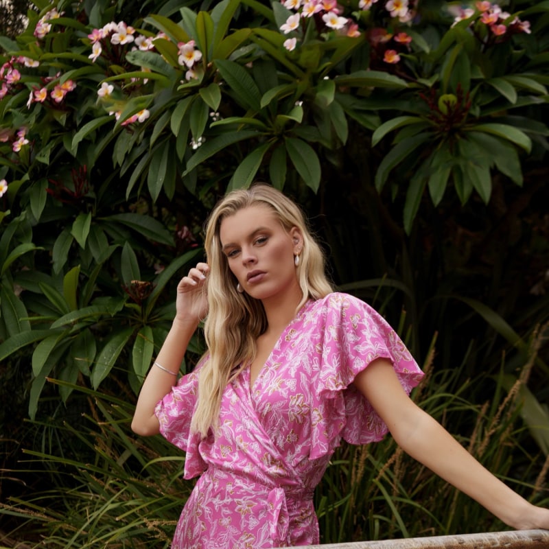 Thumbnail of Fanciful Short Sleeve Wrap Dress – Silk - Orchid Pink image