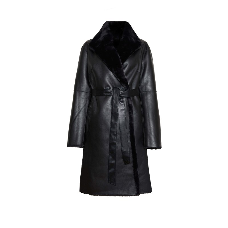 Faux fur leather trim pocket jacket coat discount