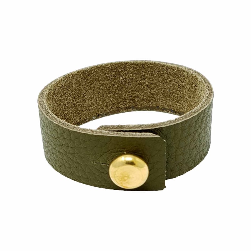 Thumbnail of Mens Olive Green Leather Bracelet With Large Brass Button image