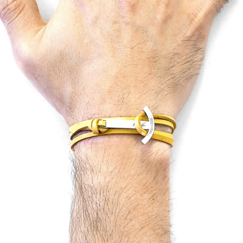 Mustard Yellow Clipper Anchor Silver Flat Leather Bracelet