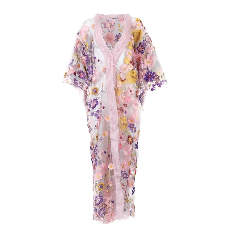 Thumbnail of Anthem - Shades Of Pink Mesh Robe With Cascading Flowers And Sparkle Fringe image