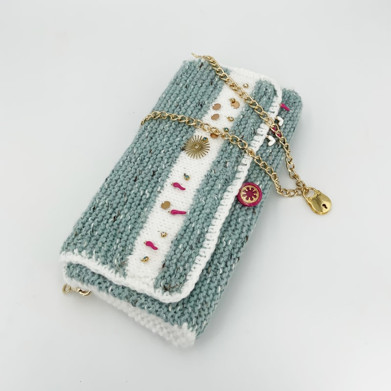 Thumbnail of Feito A Man  Hand Knitted Bag With Charms - Green & White image