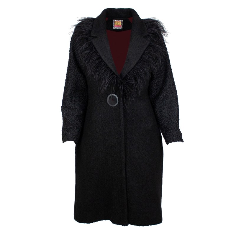 Thumbnail of Black Felt Coat With Notched Lapel Collar With Faux Feathers image