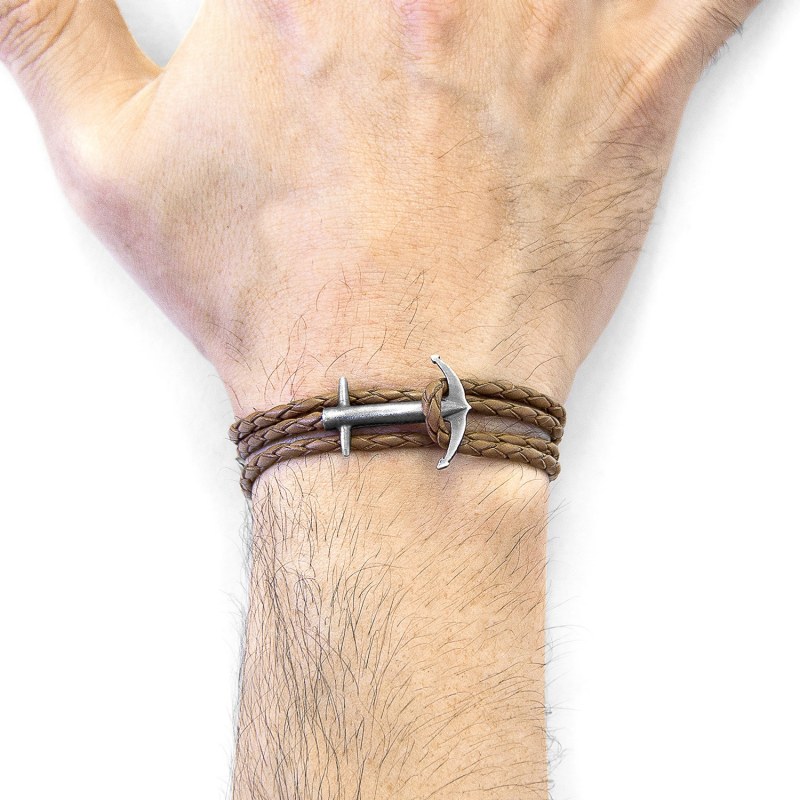 Thumbnail of Light Brown Admiral Anchor Silver & Braided Leather Bracelet image