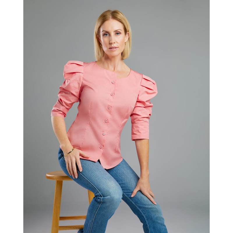 Thumbnail of Mauveglow Martina Cotton Ruched Sleeve And Asymmetrical Neckline Blouse image