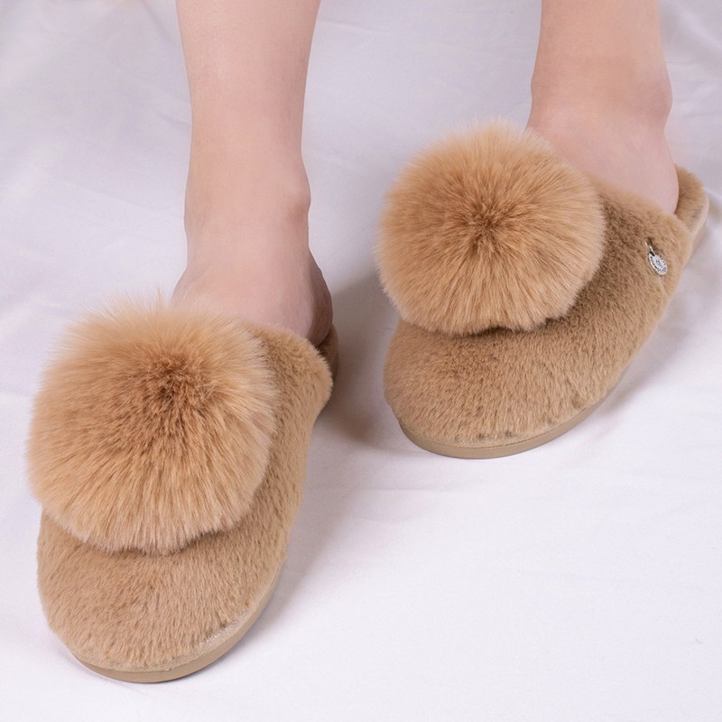 Thumbnail of Etta Pom Mule Slippers In Camel image