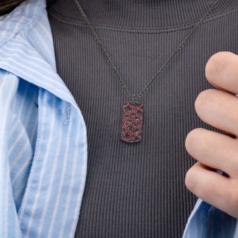 Thumbnail of Fiery Ascent Black Rhodium Plated Sterling Silver Textured Tag With Garnets image