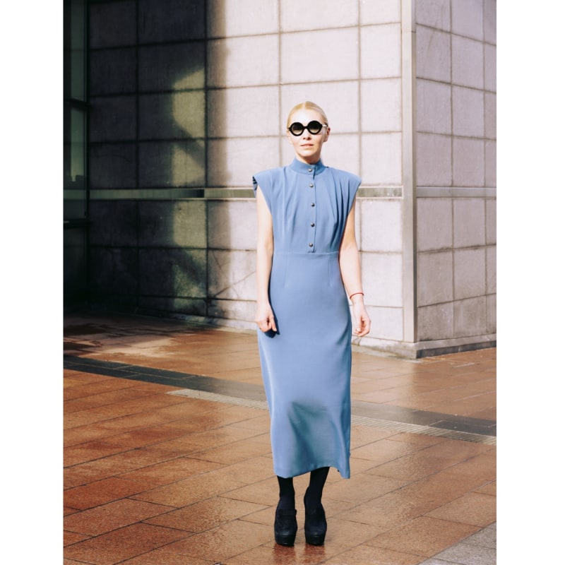 Pale blue fitted dress hotsell
