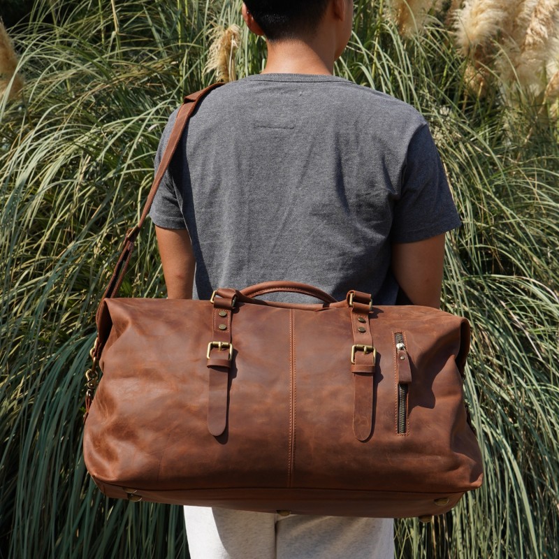 Zip Detail Genuine Leather Holdall Touri Wolf Badger