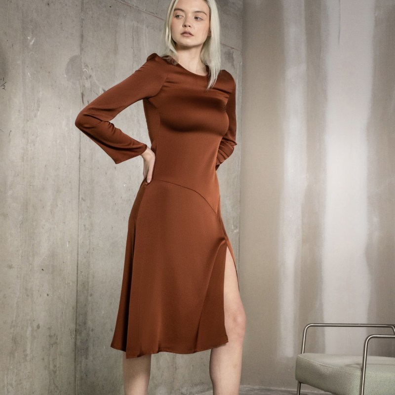 Thumbnail of Nina Midi Dress In Sugar Almond Brown Silk image