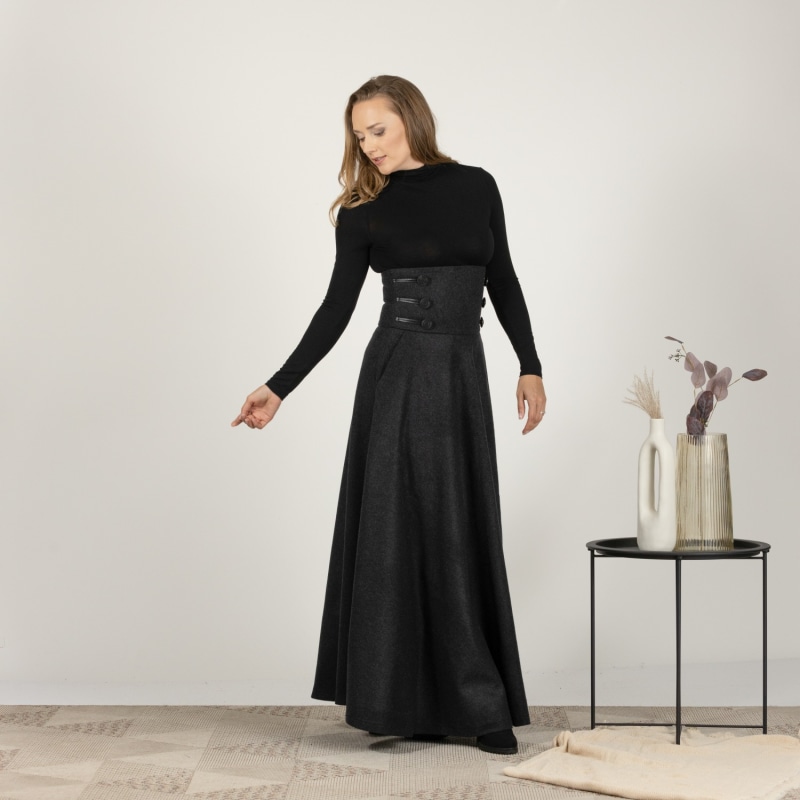 Long Wool Skirt With Front Buttons & High Waist In Dark Gray