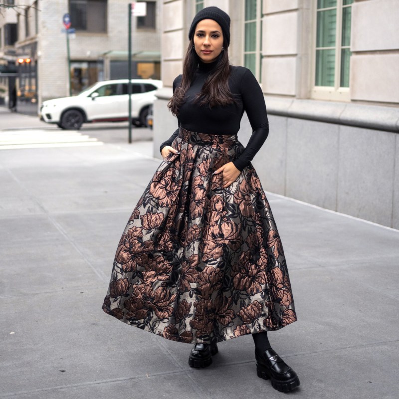 Thumbnail of Floral Brocade Midi Skirt In Bronze & Black image