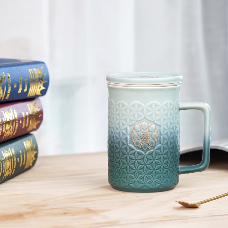 Thumbnail of Flower Of Life 3-In-1 Tea Mug With Infuser - Mint Green & Green Ombre / Hand-Painted Gold Flower image